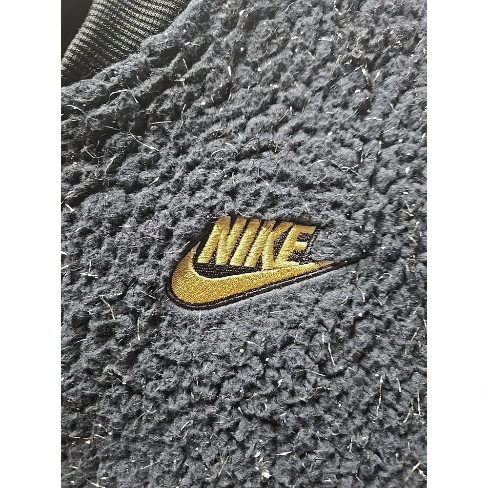 Nike Girls Sherpa Tinsel Jacket Black Gold Sz XL Loose Fit Full Zip Swoosh Logo‎